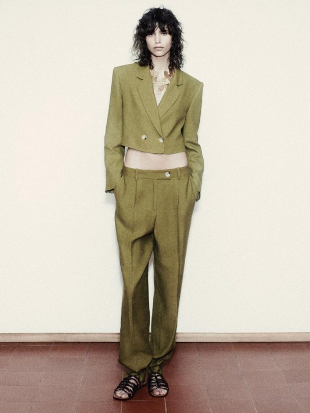 ZARA WOMEN KHAKI CROPPED DOUBLE-BREASTED LINEN-BLEND BLAZER SIZE S NWT 89$+TAX